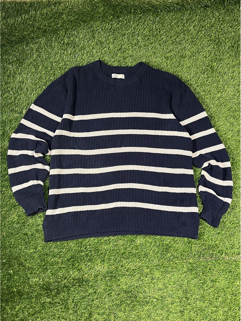 Y2k Hollister Striped Crew Neck Sweater Navy Cotton Mens Size M